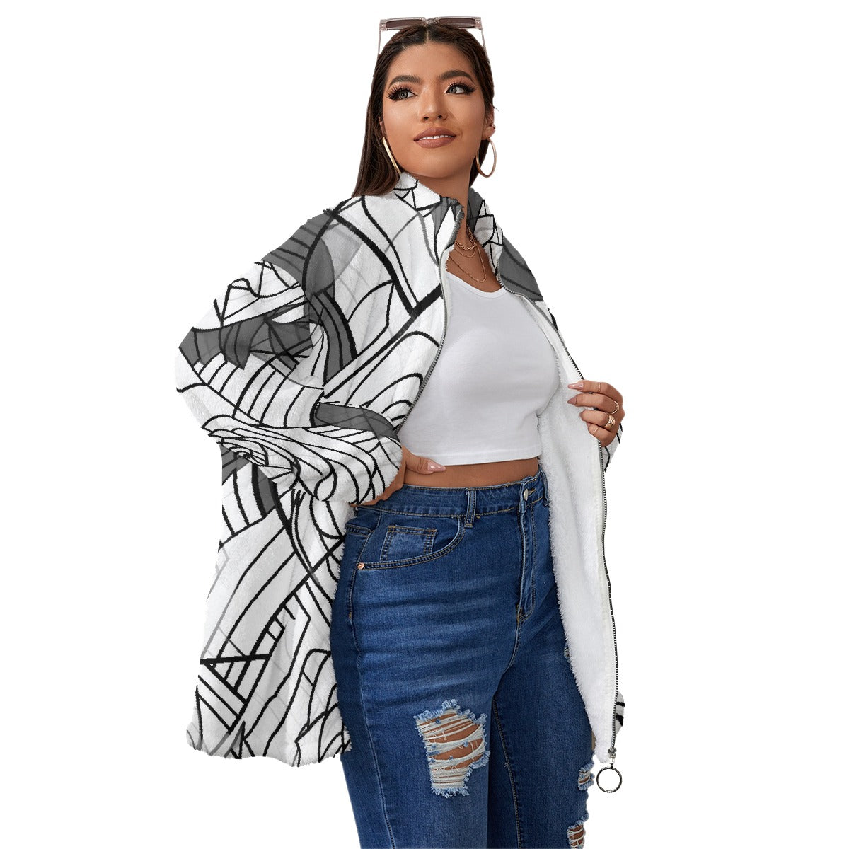 All-Over Print Unisex Borg Fleece Stand-up Collar Coat With Zipper Closure(Plus Size)