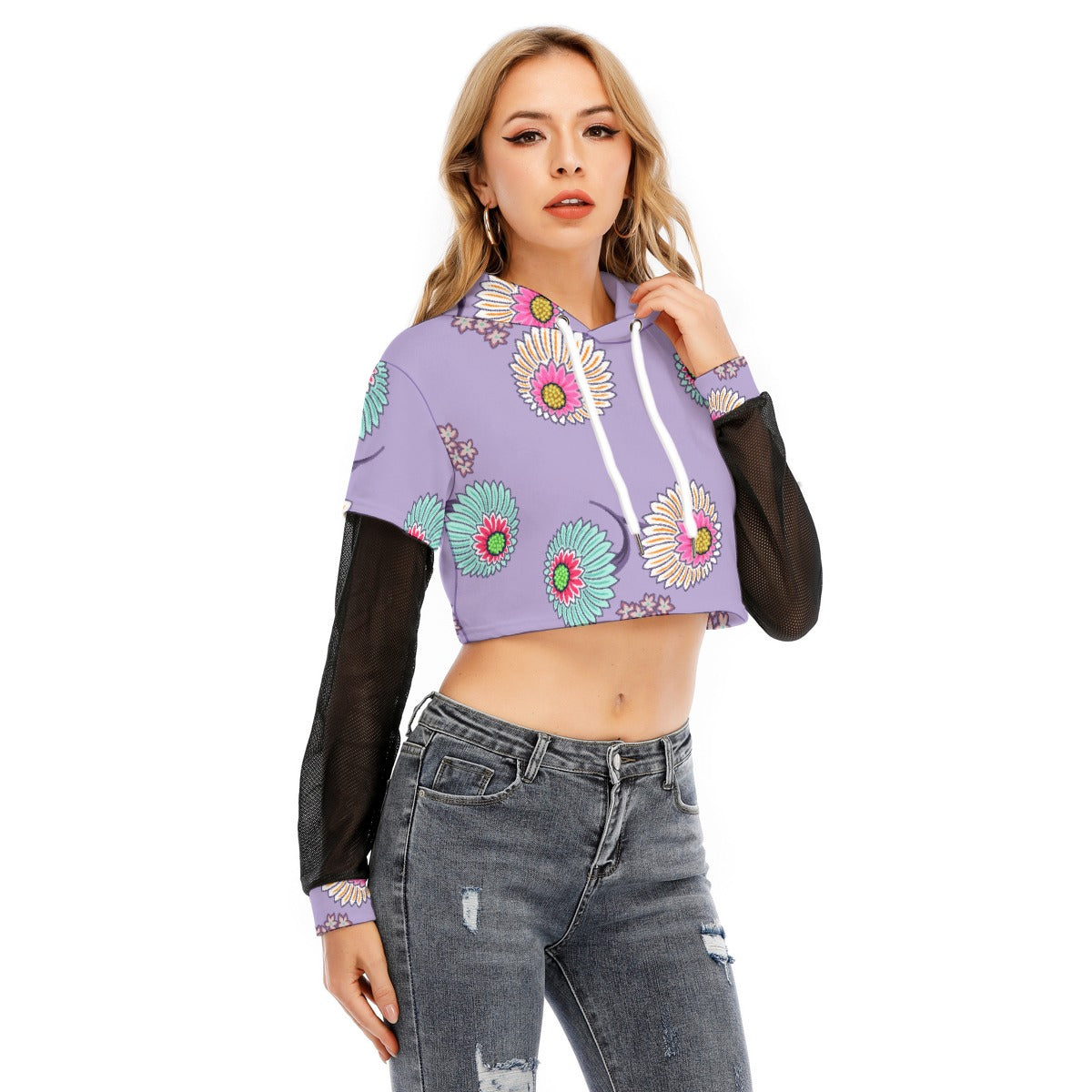 All-Over Print Women's Fake Two-piece Mesh Sleeve Cropped Hoodie