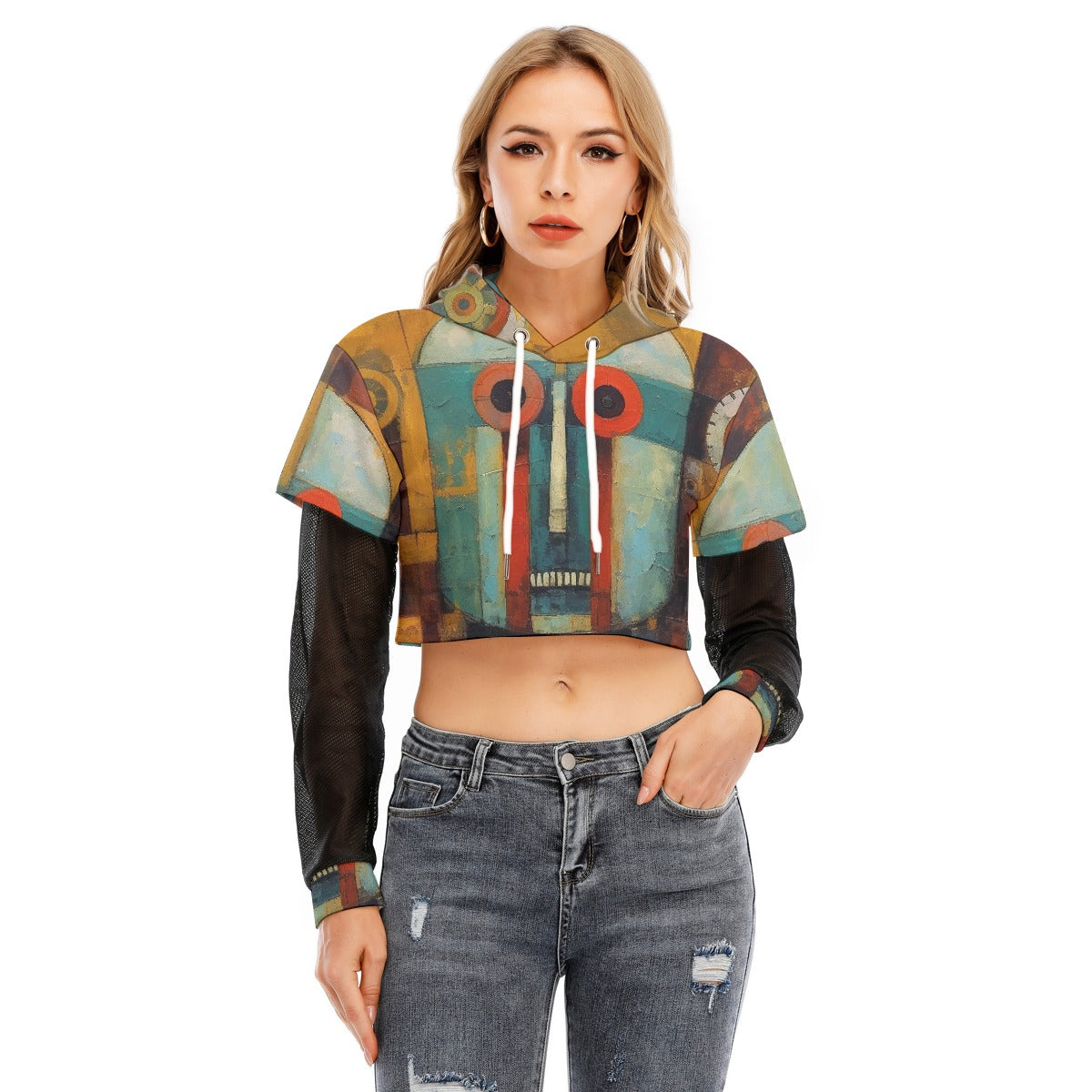 All-Over Print Women's Fake Two-piece Mesh Sleeve Cropped Hoodie