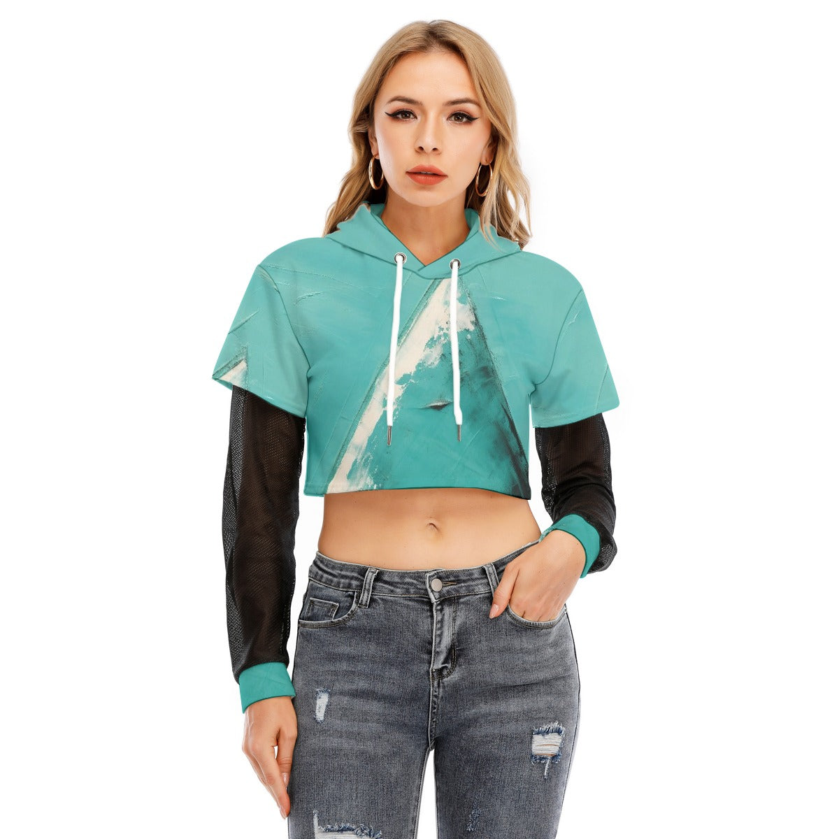 All-Over Print Women's Fake Two-piece Mesh Sleeve Cropped Hoodie