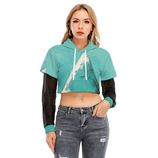All-Over Print Women's Fake Two-piece Mesh Sleeve Cropped Hoodie
