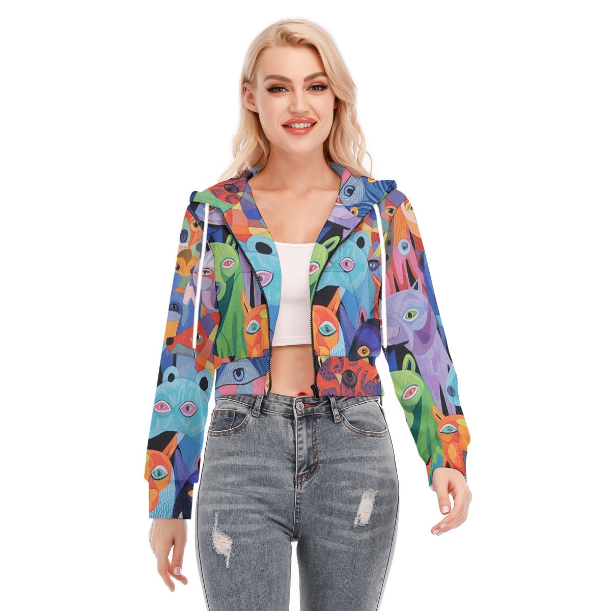 All-Over Print Women's Crop Top Hoodie With Zipper Closure