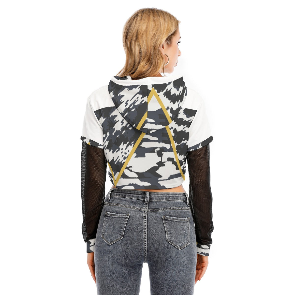 All-Over Print Women's Fake Two-piece Mesh Sleeve Cropped Hoodie