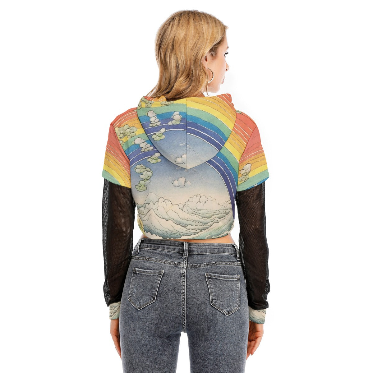 All-Over Print Women's Fake Two-piece Mesh Sleeve Cropped Hoodie