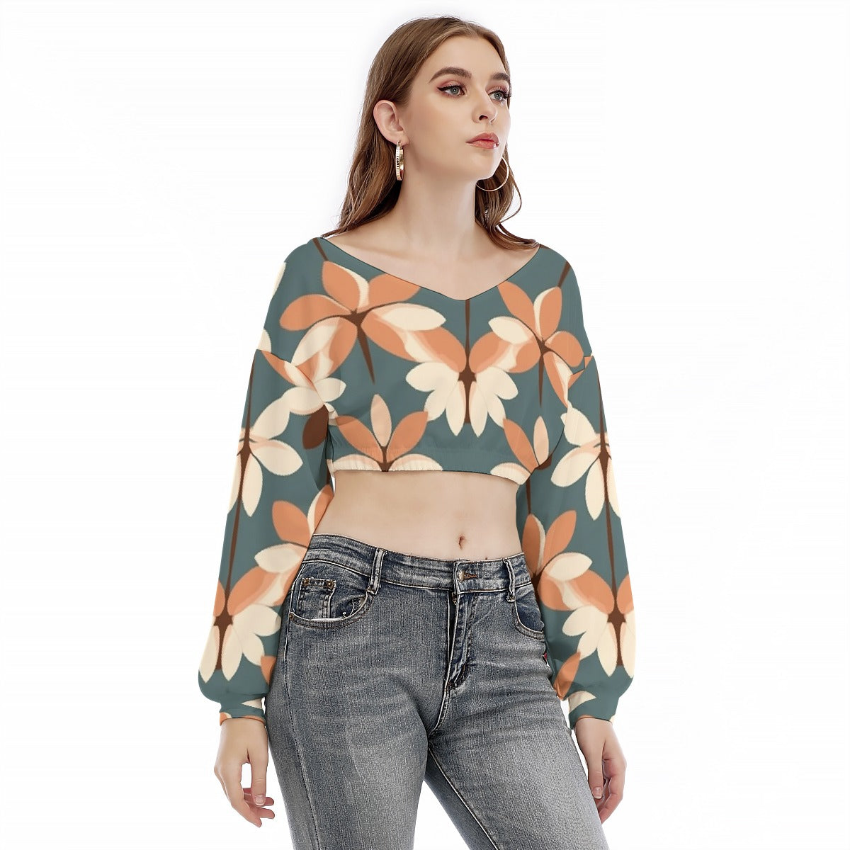 All-Over Print Women's V-neck Long Sleeve Cropped Sweatshirt
