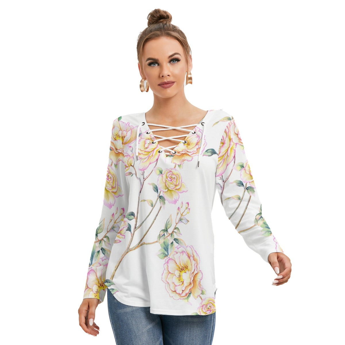 All-Over Print Women's Long Sleeve Neckline Tie Sweatshirt