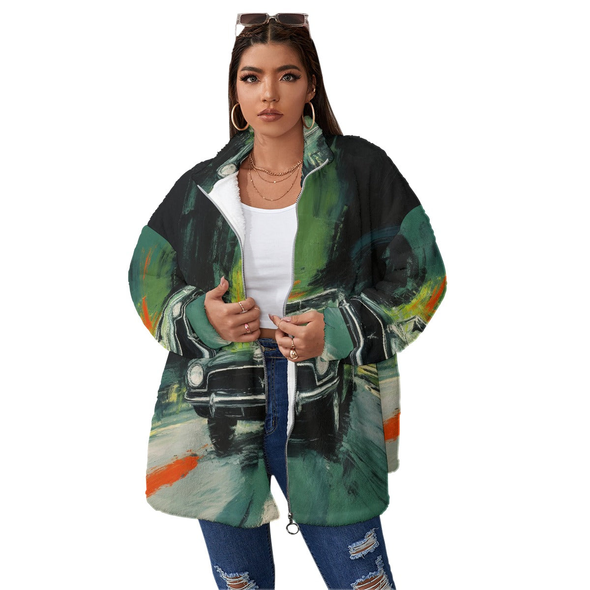 All-Over Print Unisex Borg Fleece Stand-up Collar Coat With Zipper Closure(Plus Size)