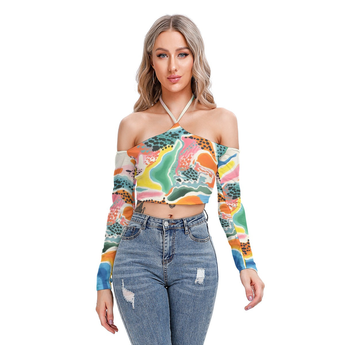 All-Over Print Women's Halter Lace-up Top