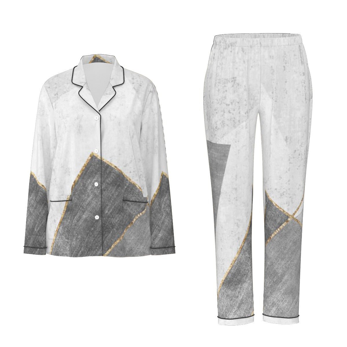 All-Over Print Women's Long Sleeve Pajama Set With Black Contrast Piping