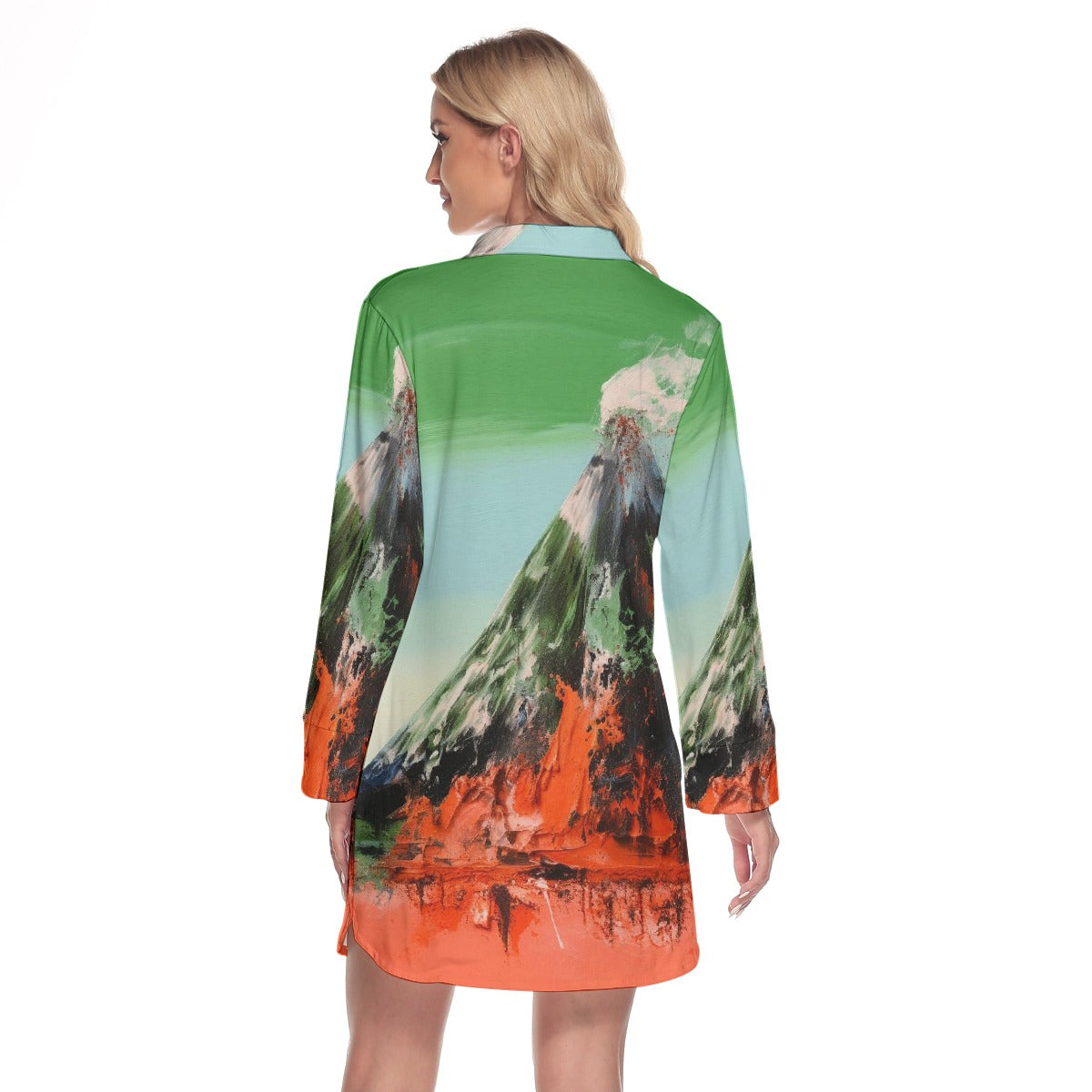 All-Over Print Women's Lapel Shirt Dress With Long Sleeve