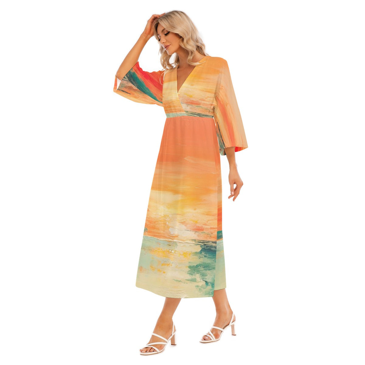 All-Over Print Women's Mid-Sleeve Long Dress
