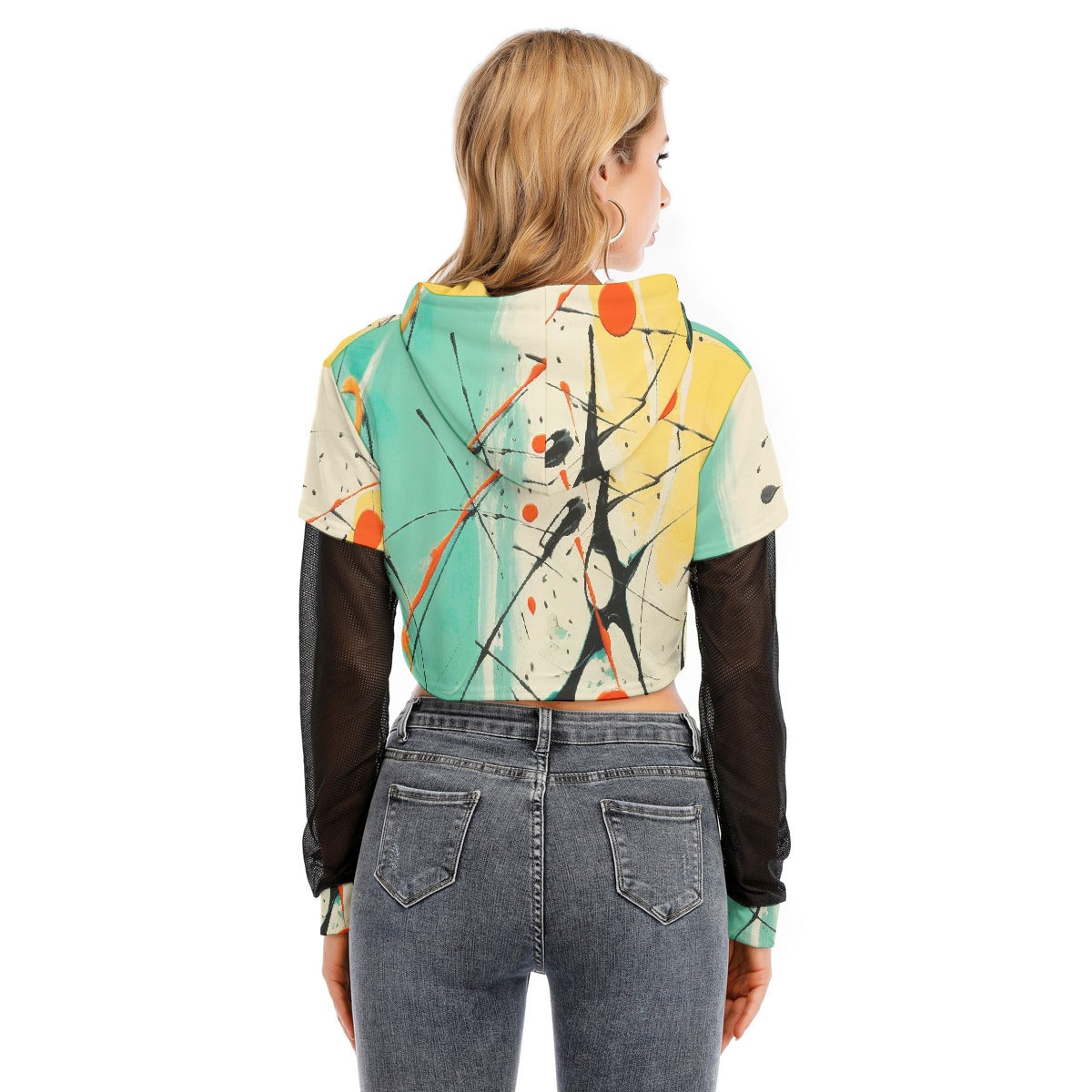 All-Over Print Women's Fake Two-piece Mesh Sleeve Cropped Hoodie
