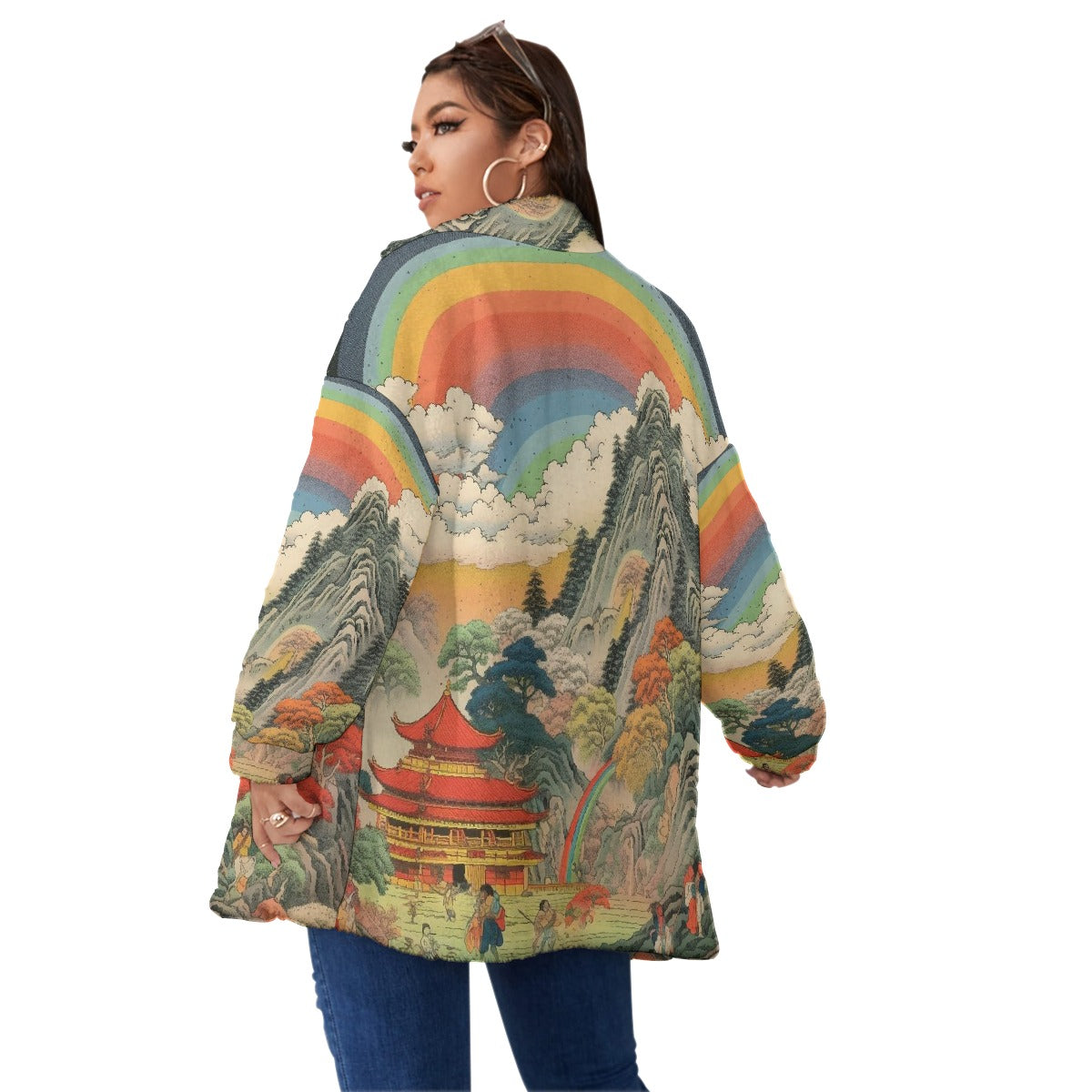 All-Over Print Unisex Borg Fleece Stand-up Collar Coat With Zipper Closure(Plus Size)
