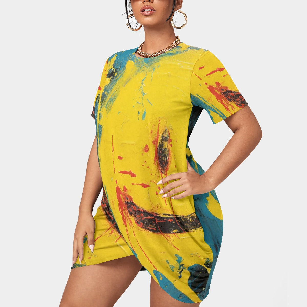 All-Over Print Women’s Stacked Hem Dress With Short Sleeve（Plus Size）