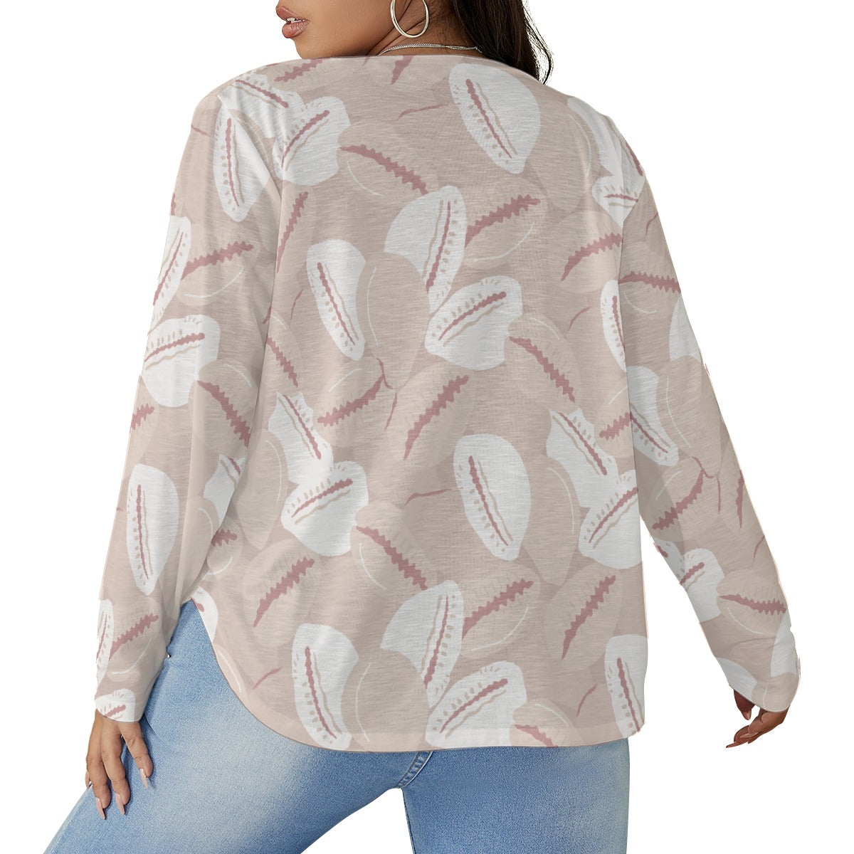 All-Over Print Women's V-neck T-shirt With Curved Hem(Plus Size)