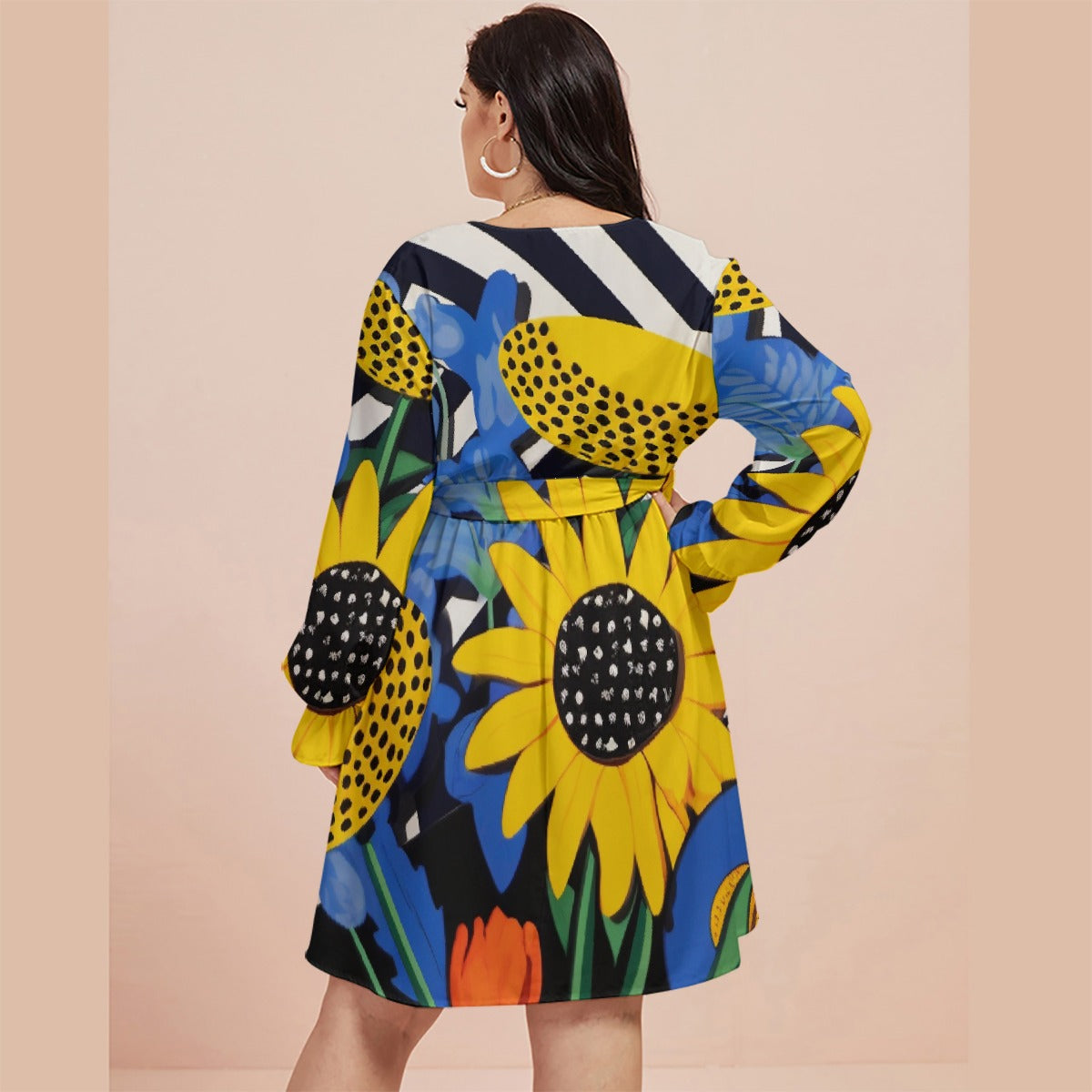 All-Over Print Women's V-neck Dress With Waistband(Plus Size)