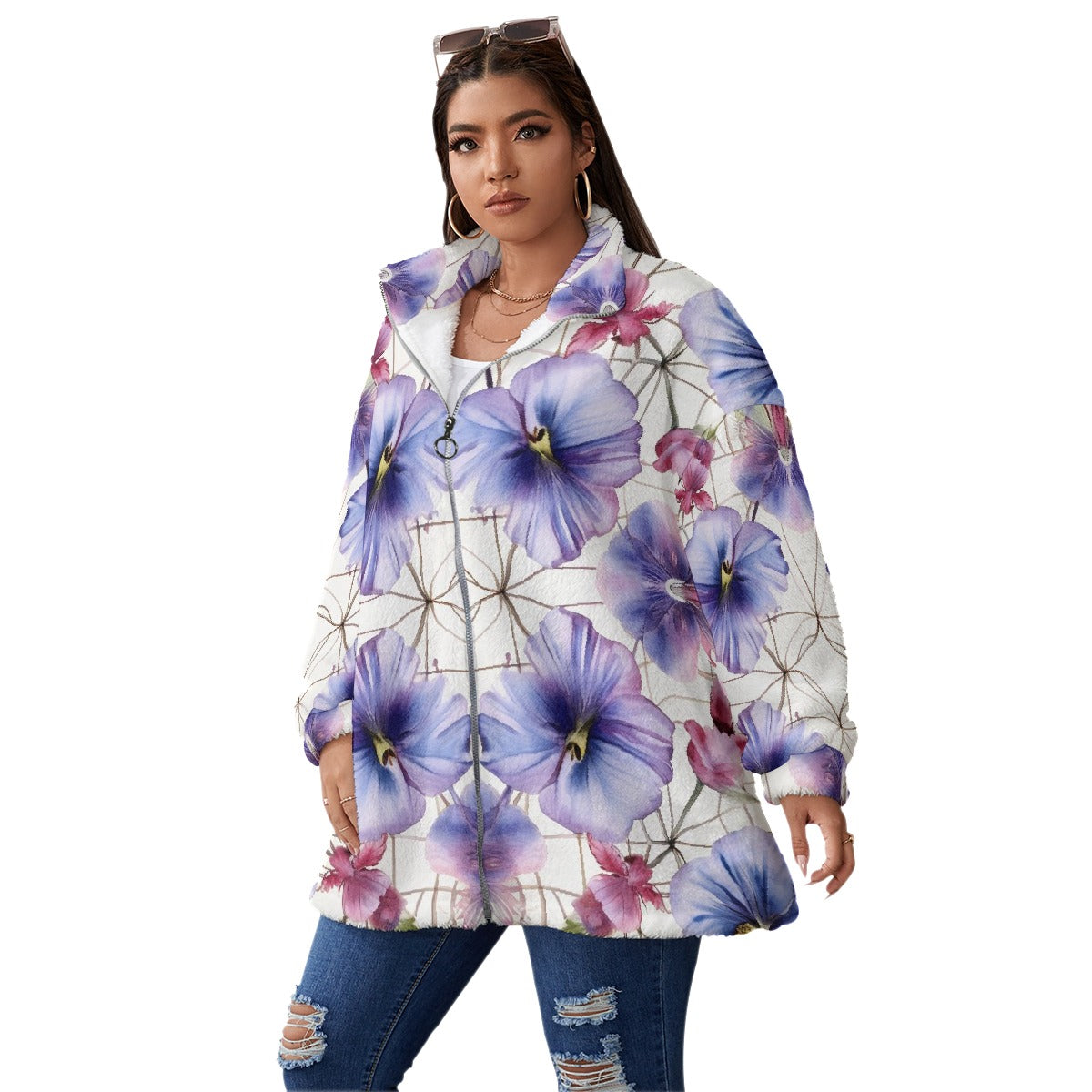 All-Over Print Unisex Borg Fleece Stand-up Collar Coat With Zipper Closure(Plus Size)