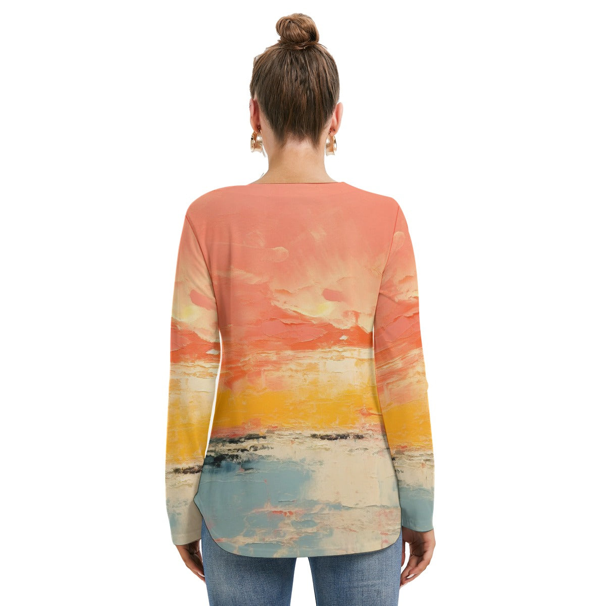 All-Over Print Women's Long Sleeve Neckline Tie Sweatshirt
