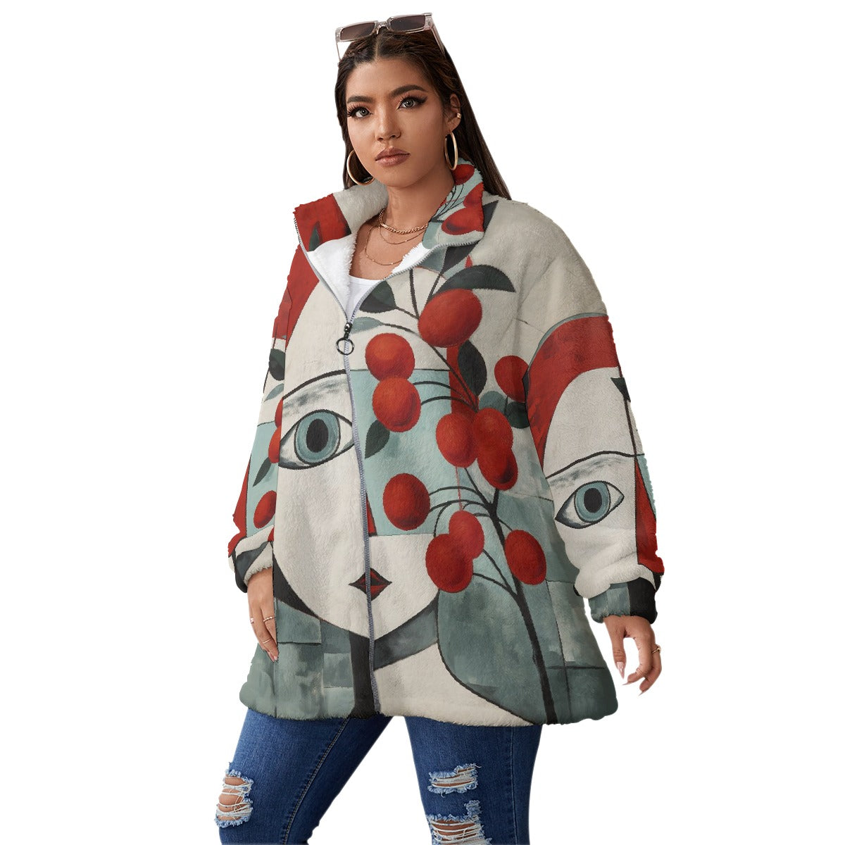 All-Over Print Unisex Borg Fleece Stand-up Collar Coat With Zipper Closure(Plus Size)