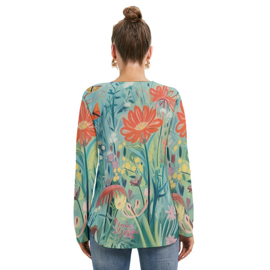 All-Over Print Women's Long Sleeve Neckline Tie Sweatshirt