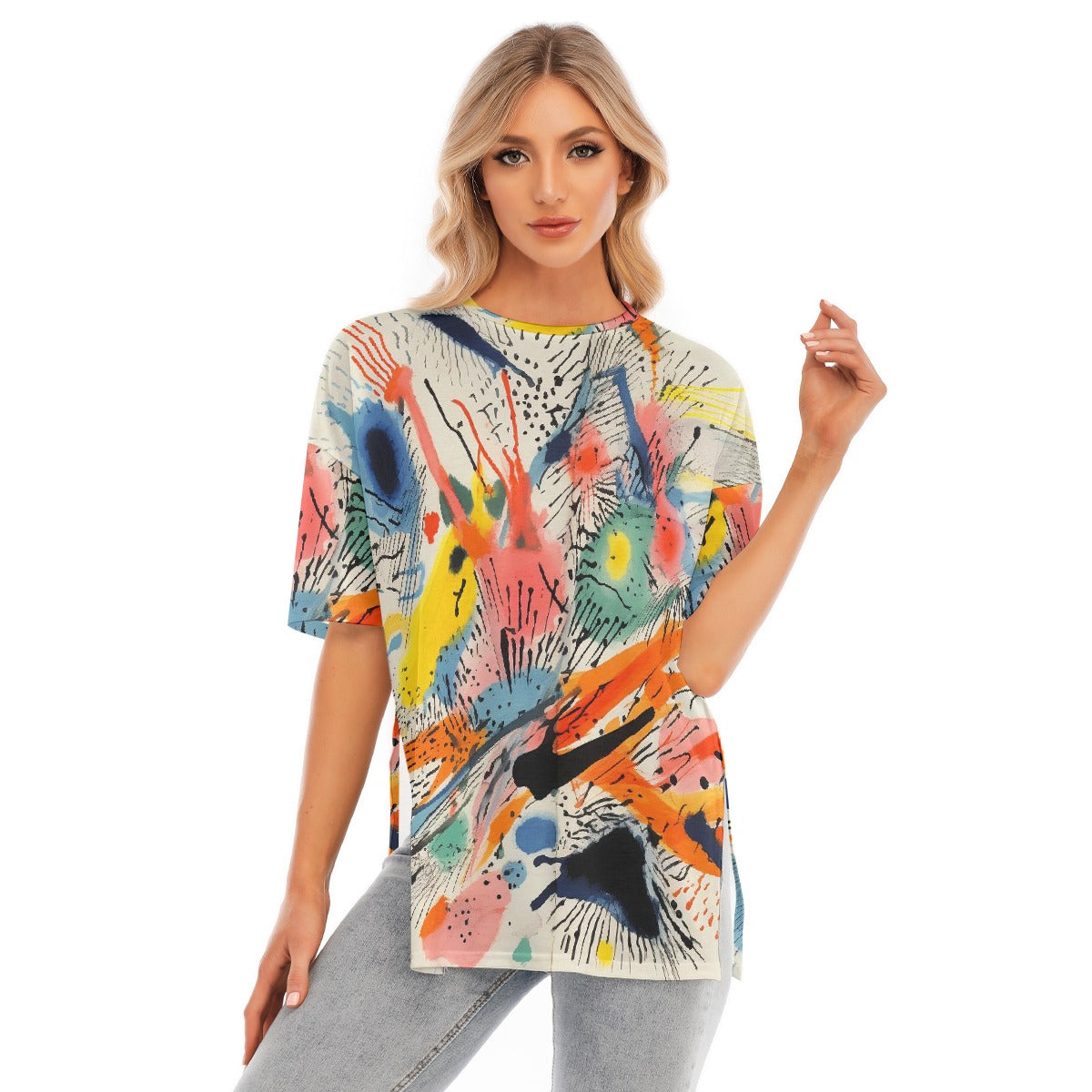 All-Over Print Women's Short Sleeves T-shirt With Hem Split