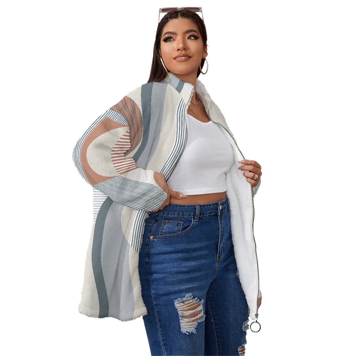 All-Over Print Unisex Borg Fleece Stand-up Collar Coat With Zipper Closure(Plus Size)