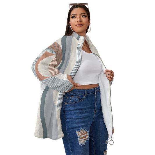 All-Over Print Unisex Borg Fleece Stand-up Collar Coat With Zipper Closure(Plus Size)