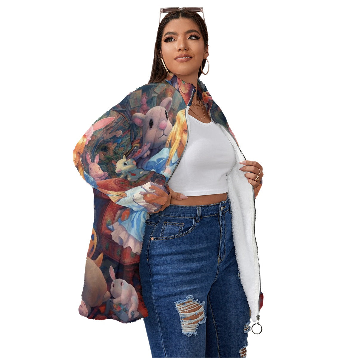 All-Over Print Unisex Borg Fleece Stand-up Collar Coat With Zipper Closure(Plus Size)