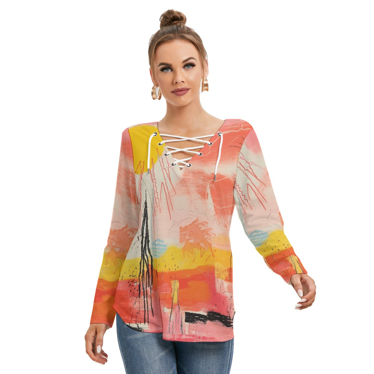 All-Over Print Women's Long Sleeve Neckline Tie Sweatshirt