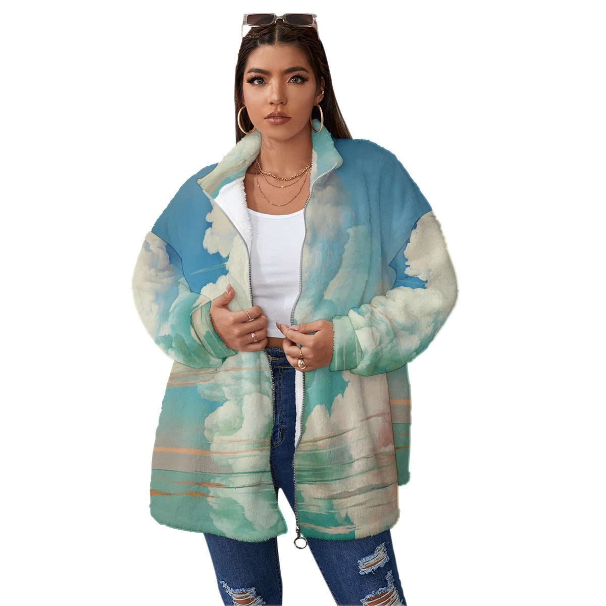 All-Over Print Unisex Borg Fleece Stand-up Collar Coat With Zipper Closure(Plus Size)