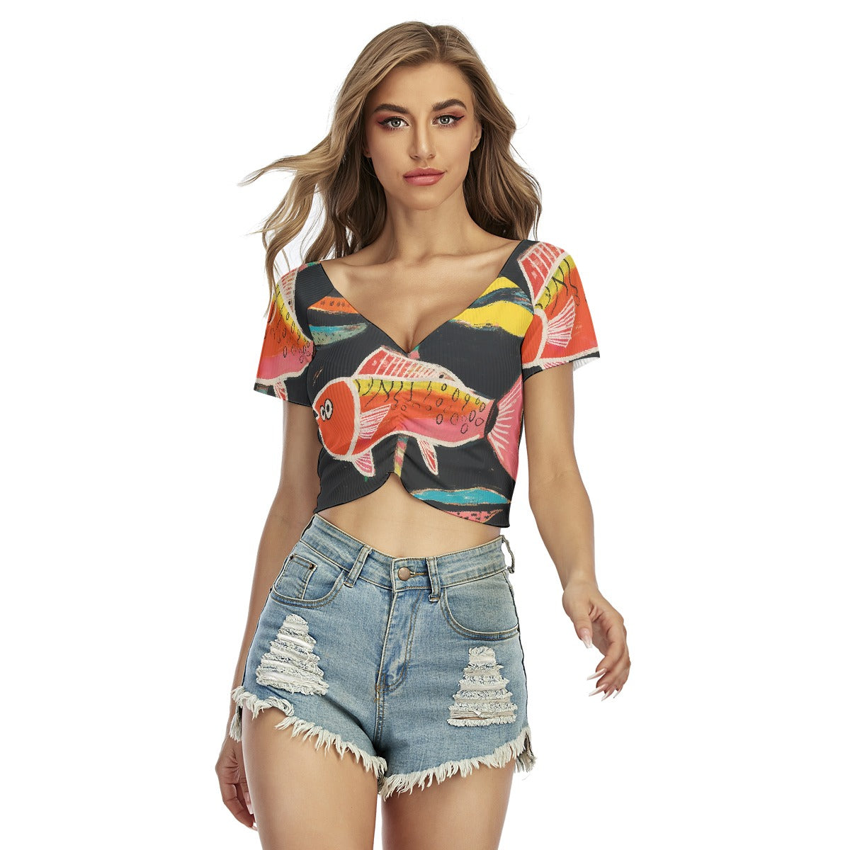 All-Over Print Women's Raglan Drawstring Front  Crop Tee