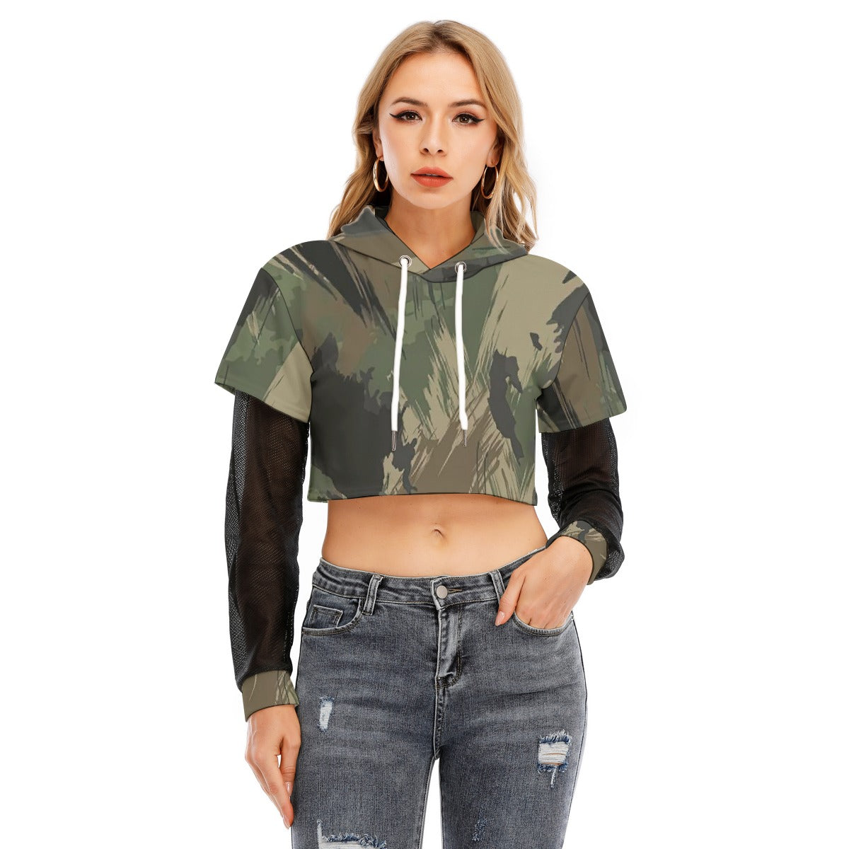 All-Over Print Women's Fake Two-piece Mesh Sleeve Cropped Hoodie