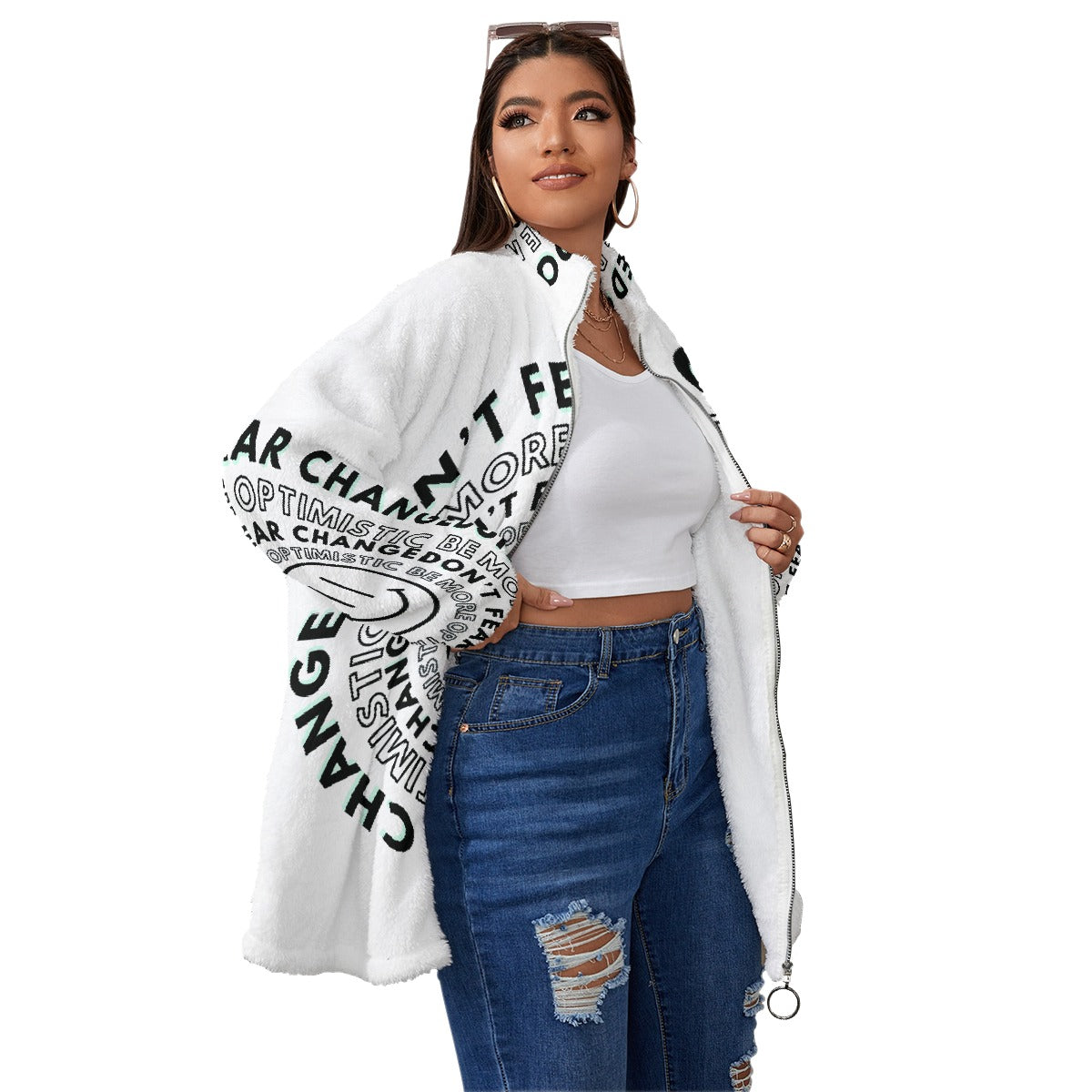 All-Over Print Unisex Borg Fleece Stand-up Collar Coat With Zipper Closure(Plus Size)