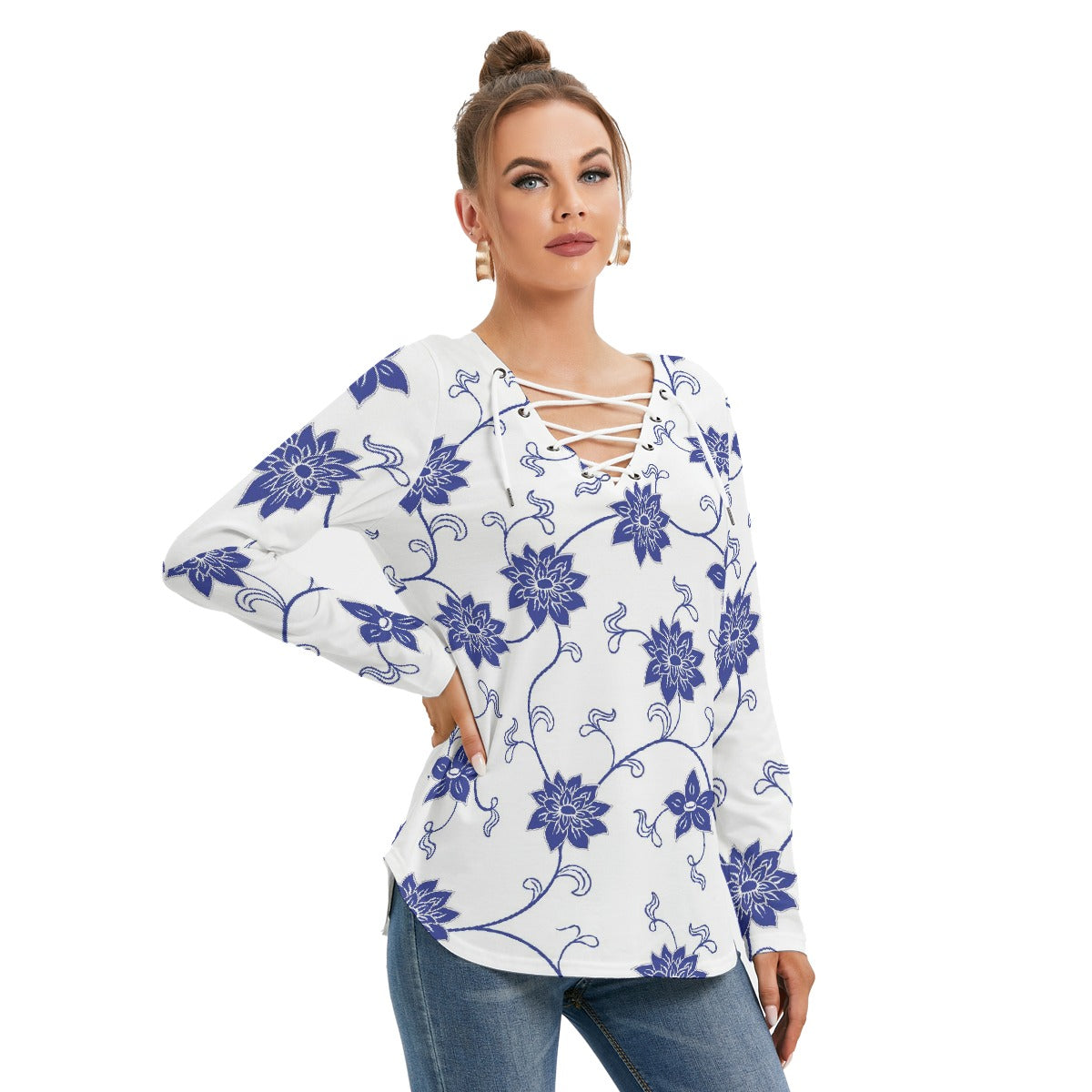 All-Over Print Women's Long Sleeve Neckline Tie Sweatshirt