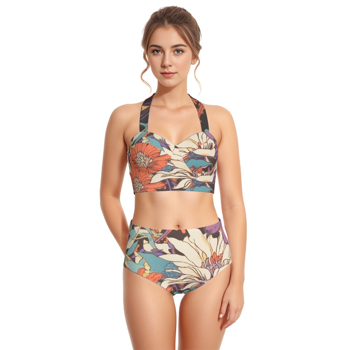 All-Over Print Women's Swimsuit Set With Halter