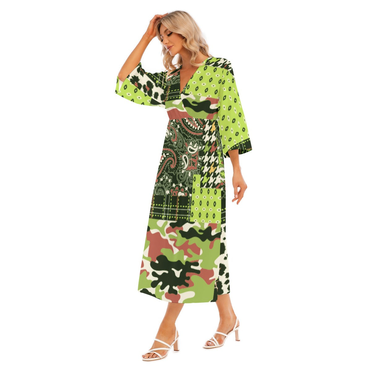 All-Over Print Women's Mid-Sleeve Long Dress