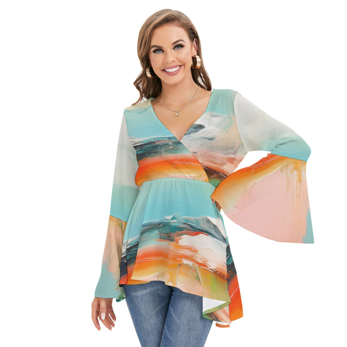 All-Over Print Women's V-neck Blouse With Flared Sleeves