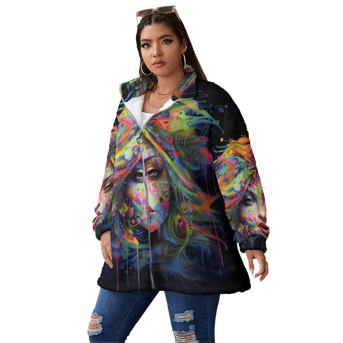 All-Over Print Unisex Borg Fleece Stand-up Collar Coat With Zipper Closure(Plus Size)