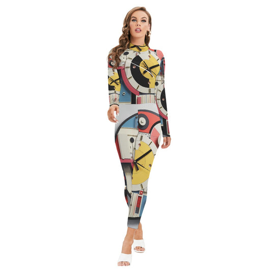 All-Over Print Women's Long-sleeved High-neck Jumpsuit With Zipper