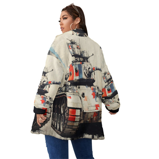 All-Over Print Unisex Borg Fleece Stand-up Collar Coat With Zipper Closure(Plus Size)