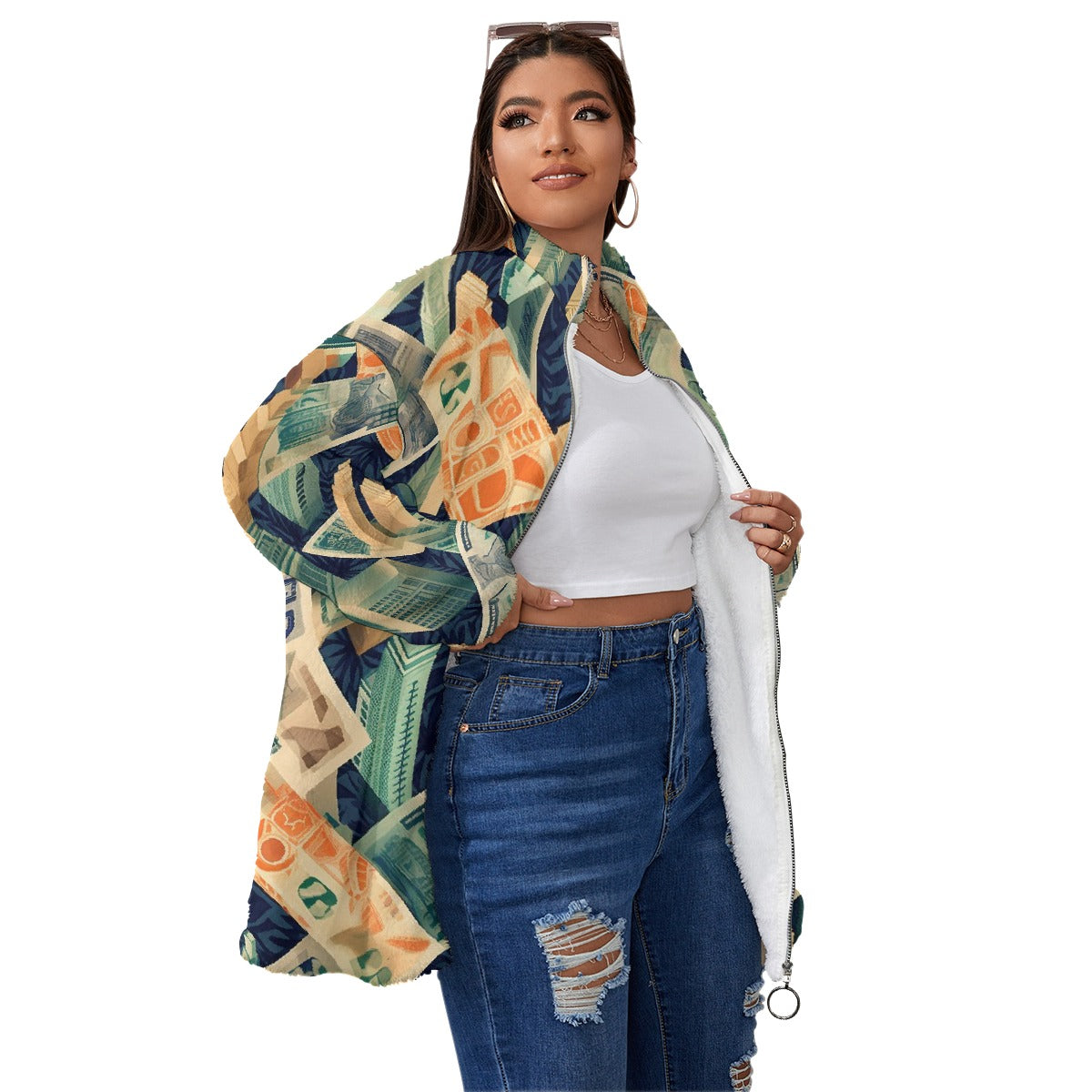 All-Over Print Unisex Borg Fleece Stand-up Collar Coat With Zipper Closure(Plus Size)