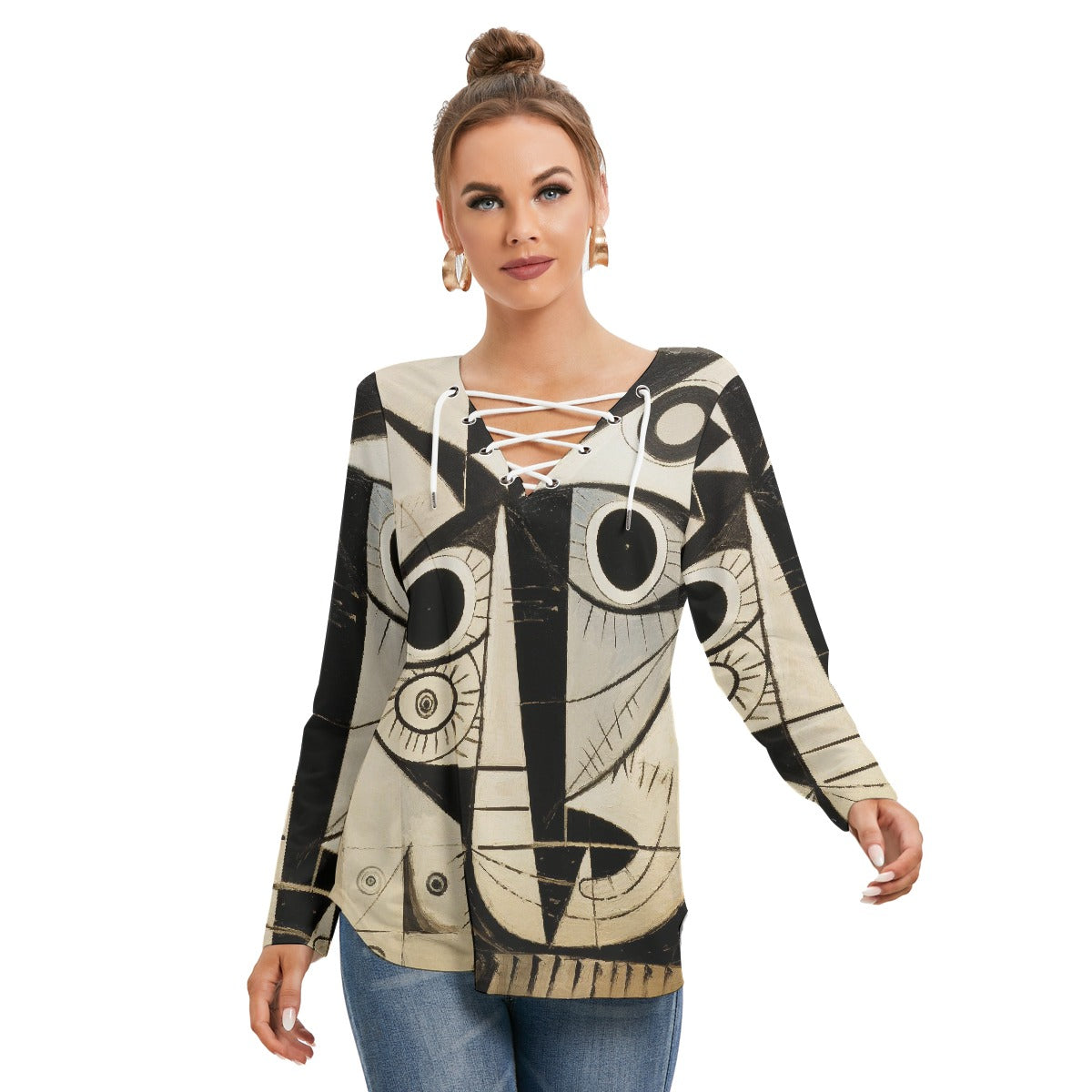All-Over Print Women's Long Sleeve Neckline Tie Sweatshirt