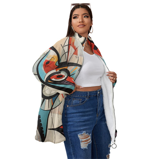 All-Over Print Unisex Borg Fleece Stand-up Collar Coat With Zipper Closure(Plus Size)