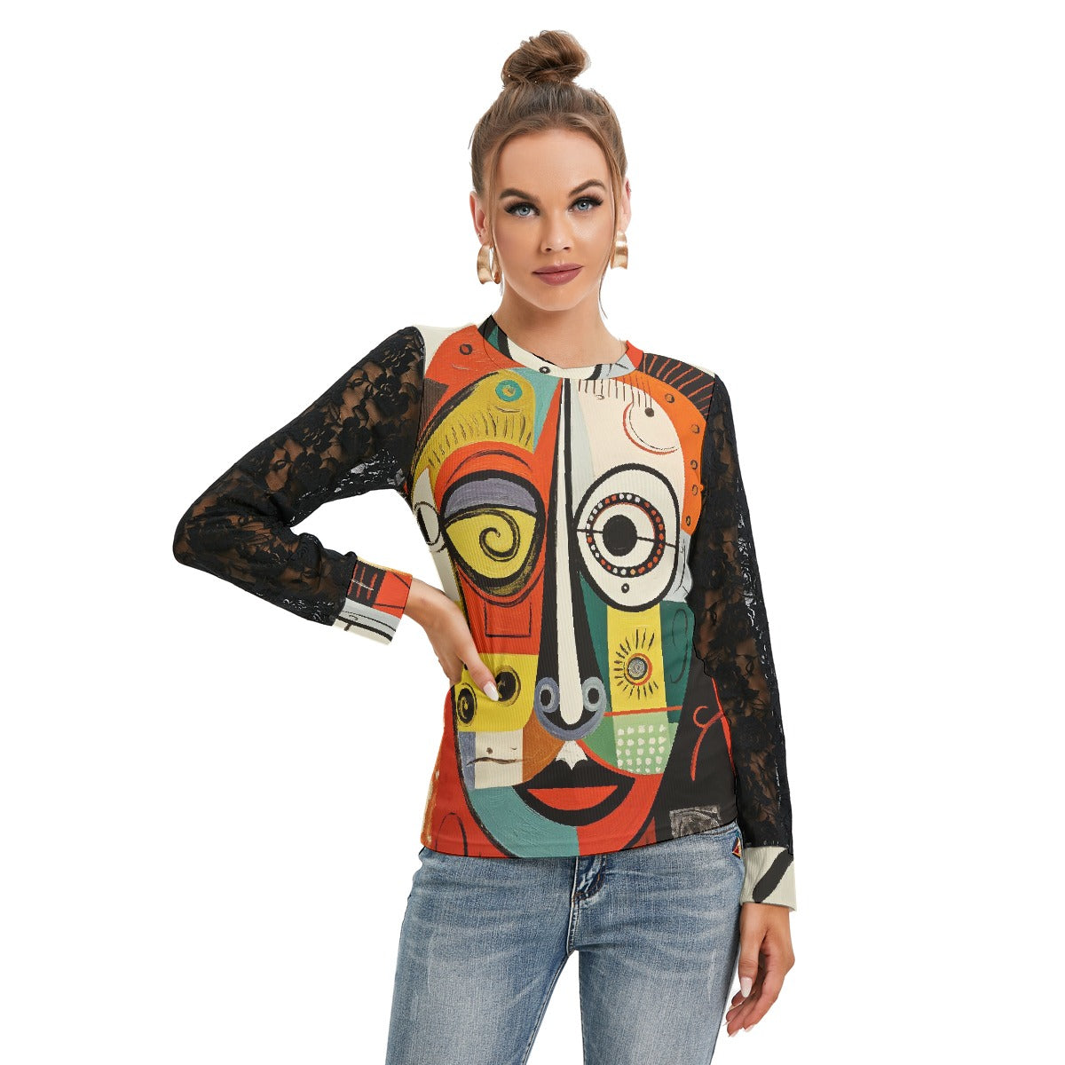 All-Over Print Women's T-shirt And Sleeve With Black Lace