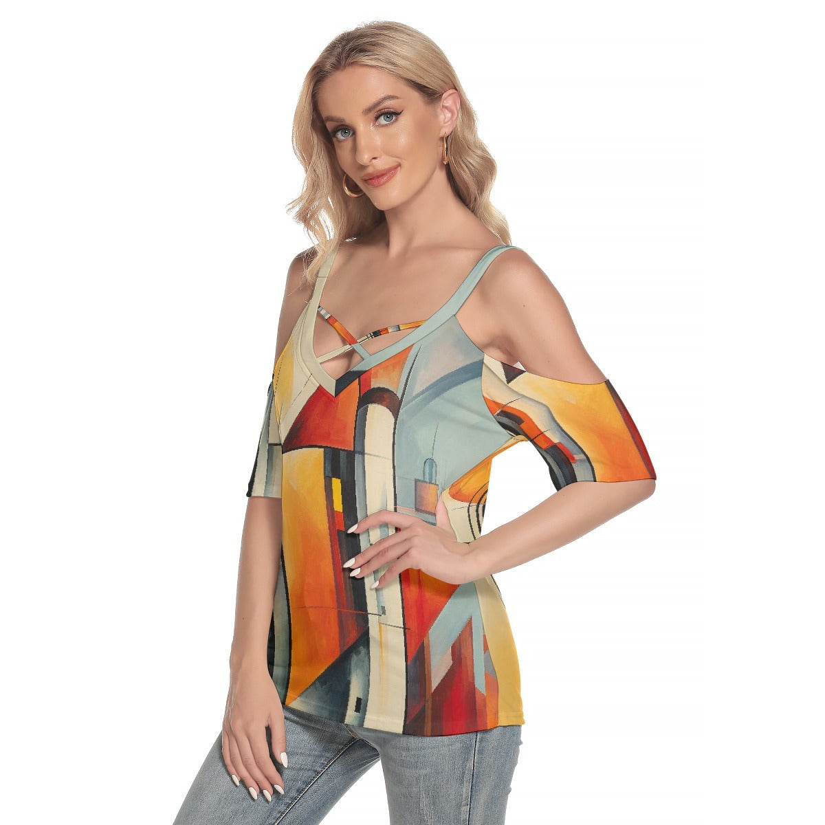 All-Over Print Women's Cold Shoulder T-shirt With Criss Cross Strips