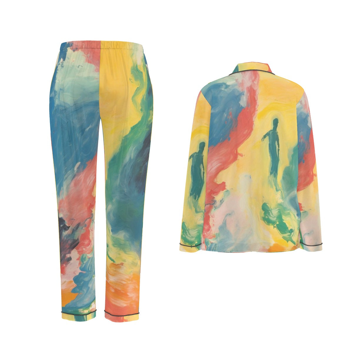 All-Over Print Women's Long Sleeve Pajama Set With Black Contrast Piping