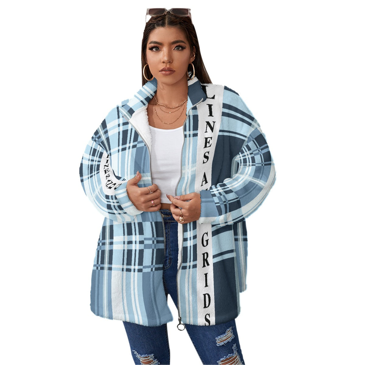 All-Over Print Unisex Borg Fleece Stand-up Collar Coat With Zipper Closure(Plus Size)