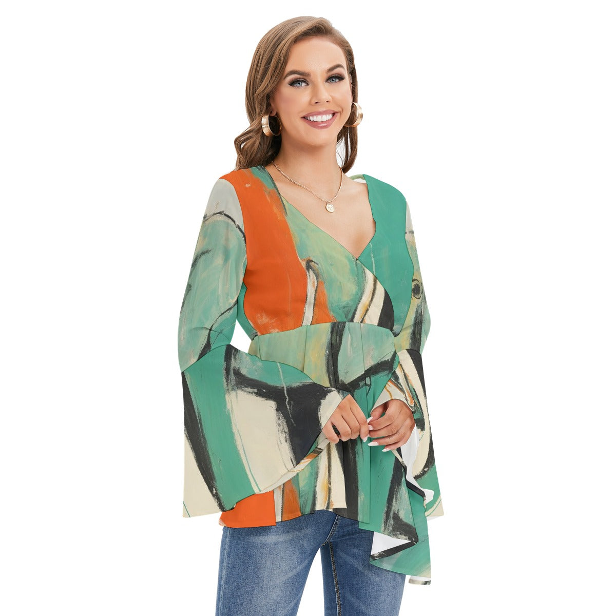 All-Over Print Women's V-neck Blouse With Flared Sleeves