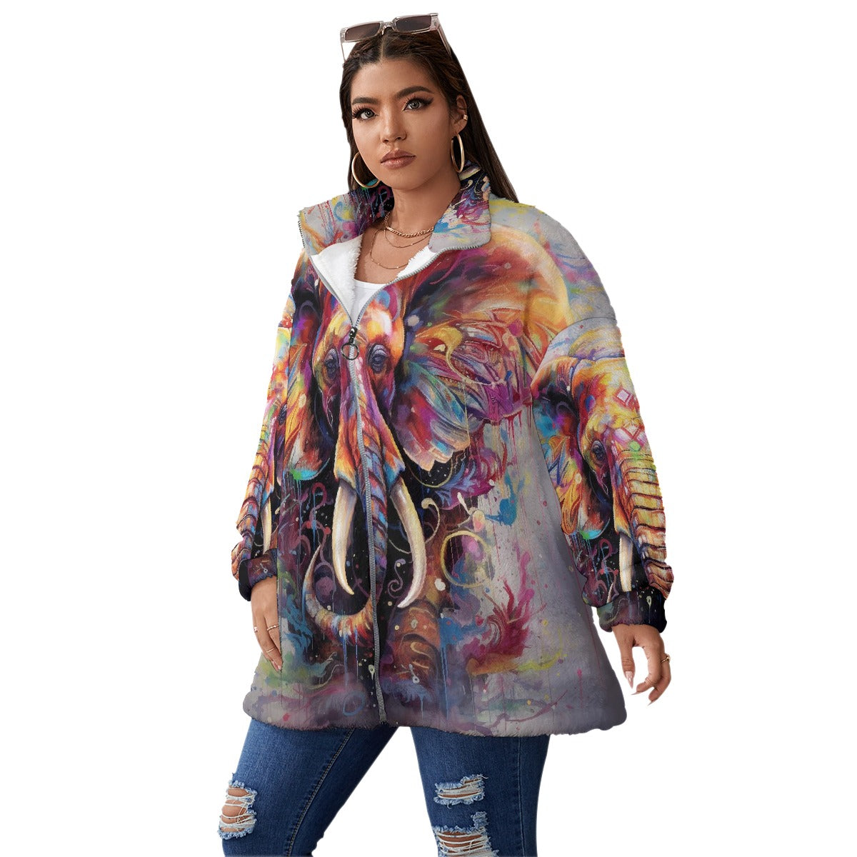 All-Over Print Unisex Borg Fleece Stand-up Collar Coat With Zipper Closure(Plus Size)
