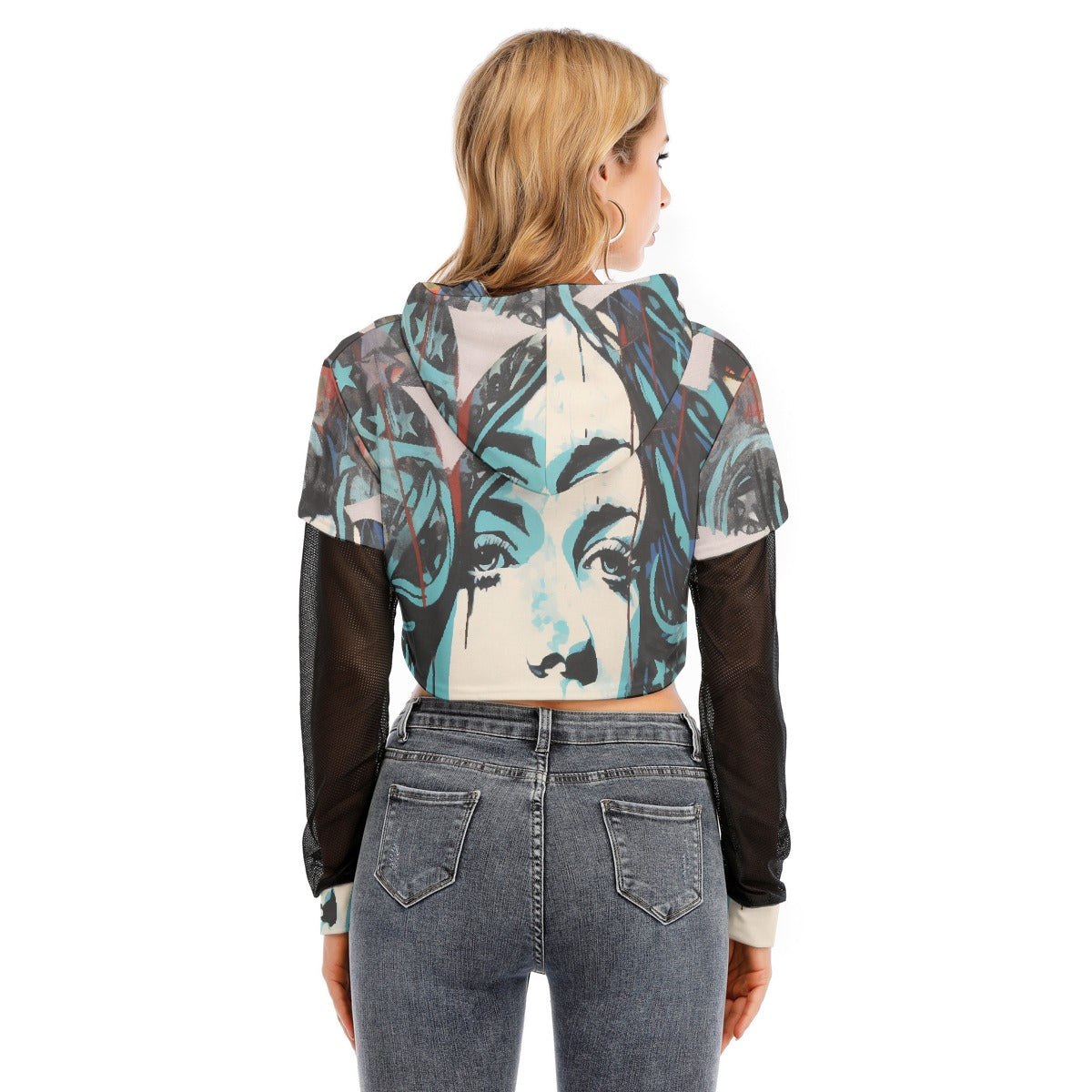 All-Over Print Women's Fake Two-piece Mesh Sleeve Cropped Hoodie